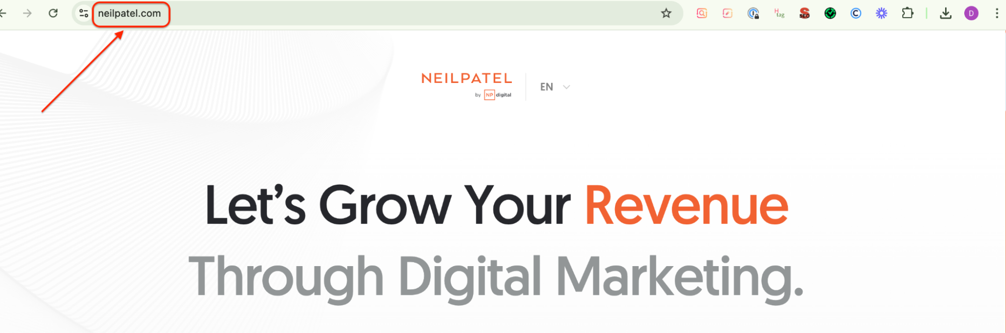 This image shows the homepage of NeilPatel.com with the website’s domain highlighted in the browser bar using a red arrow. The page prominently features a bold headline that reads “Let’s Grow Your Revenue Through Digital Marketing,” reflecting the site's focus on marketing services and strategies. The clean layout and branded colors reinforce Neil Patel’s digital marketing identity.