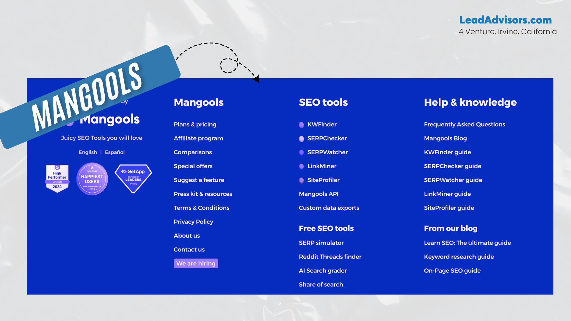 The Mangools website footer showcases detailed navigation sections: Mangools (company info and links like pricing, affiliate program, and hiring notice), SEO Tools (such as KWFinder, SERPChecker, and Mangools API), and Help & Knowledge (including user guides, FAQs, and blog posts). It also highlights trust badges from G2, Crozdesk, and GetApp, along with language selection options and a standout “We are hiring” button.