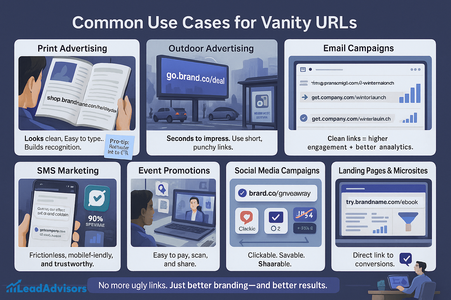 This infographic highlights common use cases for vanity URLs across various marketing channels, including print and outdoor advertising, email campaigns, SMS marketing, event promotions, social media campaigns, and landing pages. Each section demonstrates how clean, branded links enhance engagement, trust, and memorability. The footer emphasizes the message: “No more ugly links. Just better branding—and better results.”