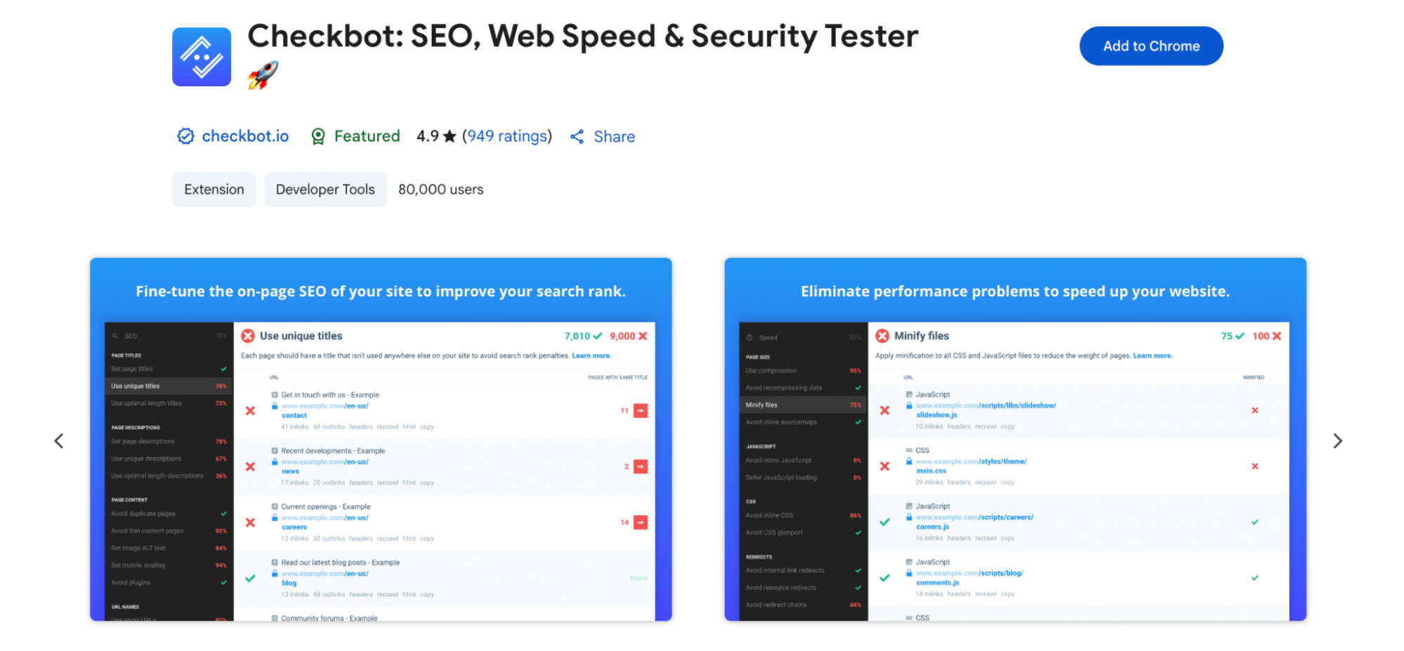 A screenshot of the Checkbot extension displays two panels: one for on-page SEO issues and another for speed optimization suggestions. The left panel flags duplicate or missing titles, while the right panel highlights minification issues with CSS and JavaScript files. Each section uses colored indicators (green checks and red crosses) to visualize website health scores and actionable items.