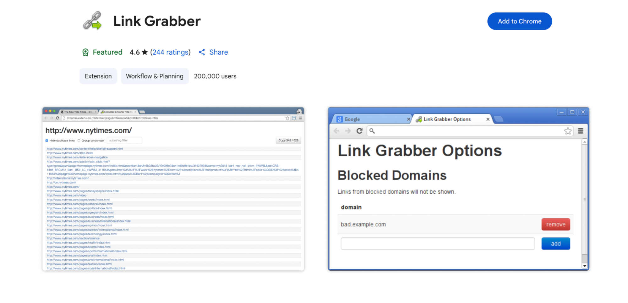 The image displays two panels of the Link Grabber extension in action. The left panel shows a browser window extracting and listing hundreds of hyperlinks from the New York Times website, while the right panel reveals the “Blocked Domains” settings where users can add or remove domains to filter out specific links. The interface is simple and text-heavy, designed for fast link audits.
