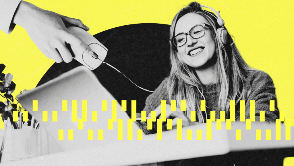 A stylized, high-contrast black and white photo of a smiling woman with glasses and headphones, seated at a desk working on a laptop. A large hand holding a computer mouse appears above her, and a pattern of vertical yellow bars overlays the bottom portion of the image. The background features a bold yellow-and-black color scheme, creating a modern and tech-forward aesthetic.