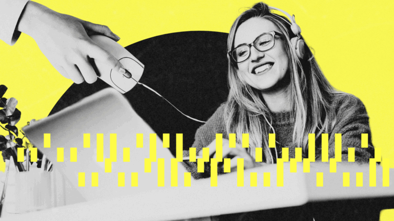 A stylized, high-contrast black and white photo of a smiling woman with glasses and headphones, seated at a desk working on a laptop. A large hand holding a computer mouse appears above her, and a pattern of vertical yellow bars overlays the bottom portion of the image. The background features a bold yellow-and-black color scheme, creating a modern and tech-forward aesthetic.