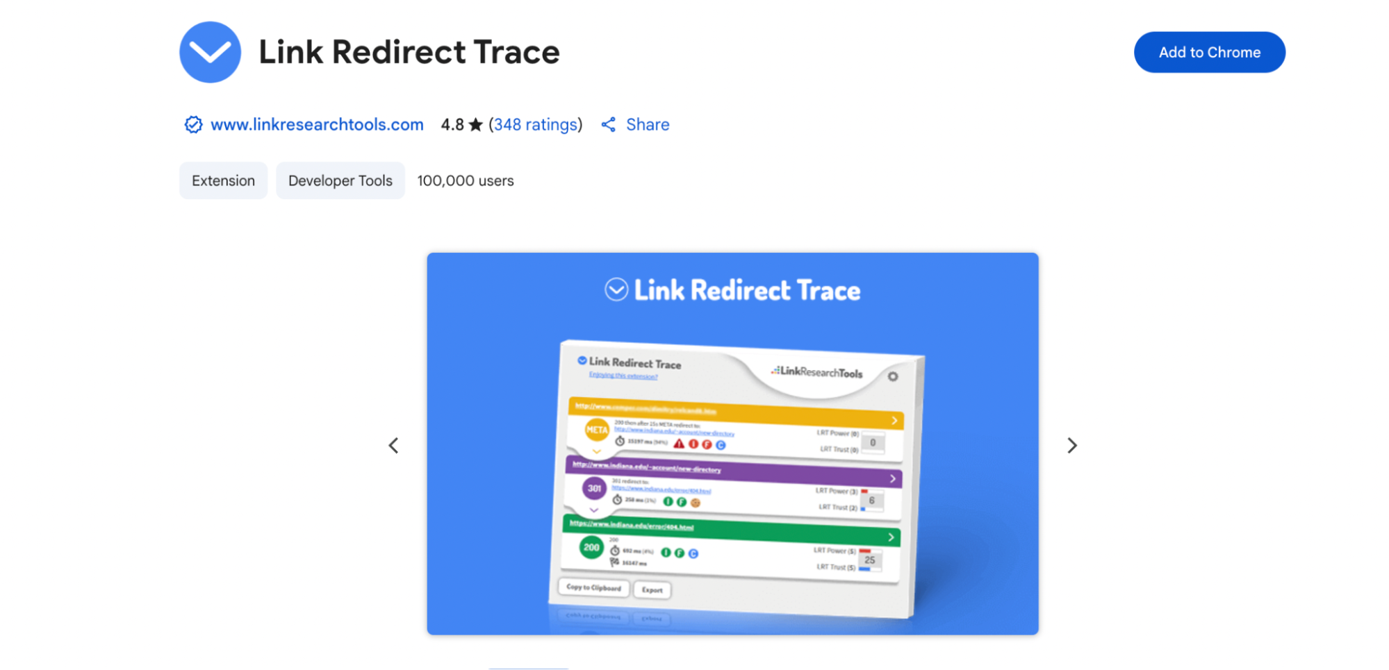 The screenshot showcases Link Redirect Trace’s visual interface, highlighting a detailed path of URL redirects including META, 301, and 200 status codes. Each redirect is color-coded with trust and power metrics provided for each link step, emphasizing the tool’s diagnostic capabilities. The interface includes export and clipboard copy options, set against a bright blue background.