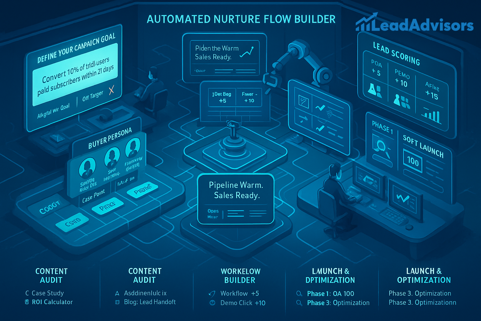 A digital blueprint-style illustration titled “Automated Nurture Flow Builder” from LeadAdvisors. It showcases a futuristic marketing operations room with campaign goal setting, buyer persona profiling, lead scoring, and sales pipeline readiness. Operators sit at consoles while robotic arms manage dashboards. Text at the bottom categorizes tasks into Content Audit, Workflow Builder, and Launch & Optimization phases.