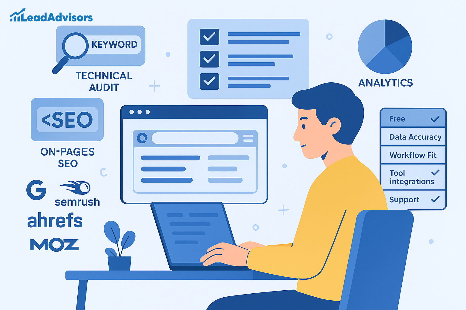 A digital illustration shows a man working on a laptop surrounded by SEO-related icons and tools. The scene features keywords like "Technical Audit," "On-Page SEO," and "Analytics," with logos of SEO tools such as Google, SEMrush, Ahrefs, and Moz. Charts, checklists, and integration features emphasize data accuracy, workflow fit, and tool support.