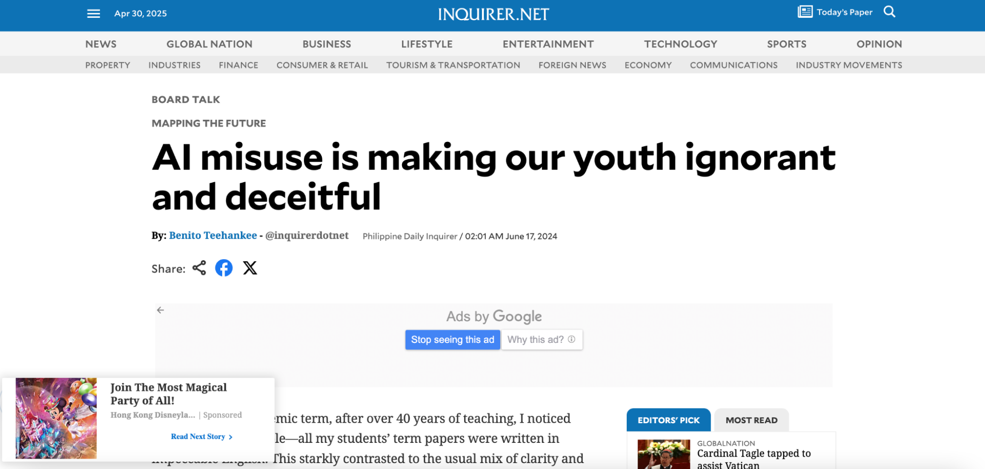 A screenshot from Inquirer.net features an opinion article titled “AI misuse is making our youth ignorant and deceitful,” written by Benito Teehankee and published on June 17, 2024. The article header includes social media sharing icons and publication details. A Disney advertisement and an “Editors’ Pick” sidebar are partially visible below the headline.