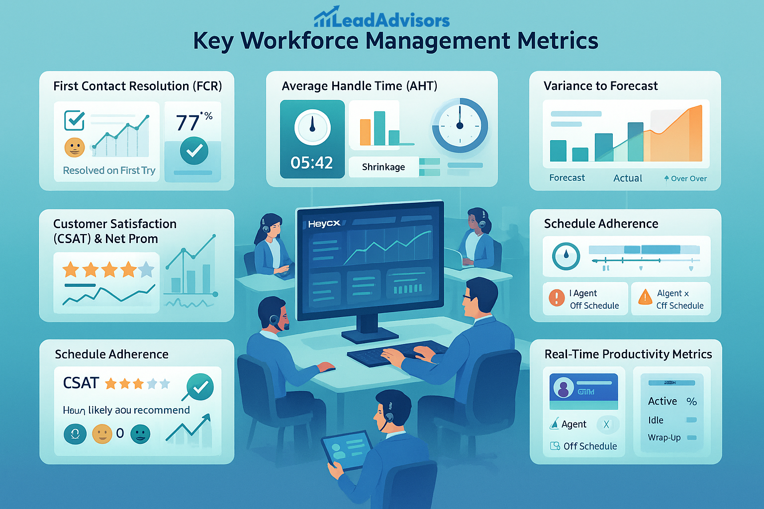 An infographic titled “Key Workforce Management Metrics” features data panels around a central illustration of call center agents working at their desks. Metrics include First Contact Resolution (FCR), Average Handle Time (AHT), Variance to Forecast, Customer Satisfaction (CSAT), Schedule Adherence, and Real-Time Productivity. Each section combines charts, icons, and brief stats to emphasize performance tracking within a contact center environment.