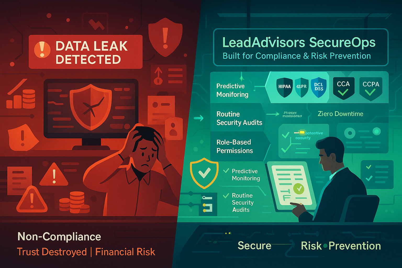 The image contrasts the consequences of non-compliance with the benefits of a secure, compliant system. On the left, a panicked individual reacts to a “Data Leak Detected” alert surrounded by red warning signs, representing trust and financial damage. On the right, LeadAdvisors SecureOps showcases a calm environment supported by predictive monitoring, security audits, role-based access, and adherence to regulations like HIPAA, GDPR, and CCPA—all contributing to zero downtime and risk prevention.