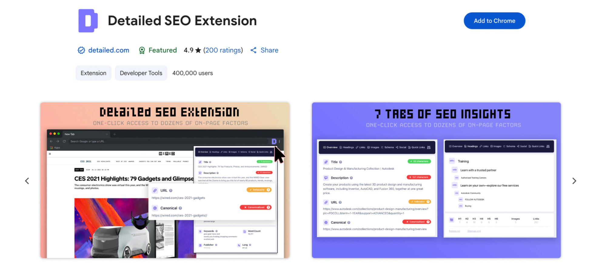 A visual presentation of the Detailed SEO Extension shows a browser displaying an article from WIRED, overlaid with the extension's analysis panel. The panel offers insights across multiple tabs including title, description, canonical tags, headings, and links. Highlighted text and colored status markers make it easy to interpret on-page SEO factors quickly.