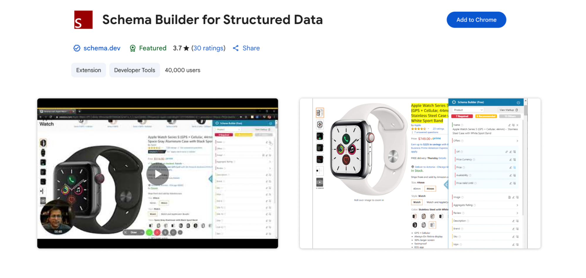 The image showcases the Schema Builder for Structured Data Chrome extension, illustrating its overlay panel on a product page for an Apple Watch. On the left, a video demo explains how to mark up structured data fields such as price, currency, and availability. On the right, the extension panel highlights schema input fields directly beside a retail product listing on Amazon, guiding users to complete structured data attributes for SEO enhancement.