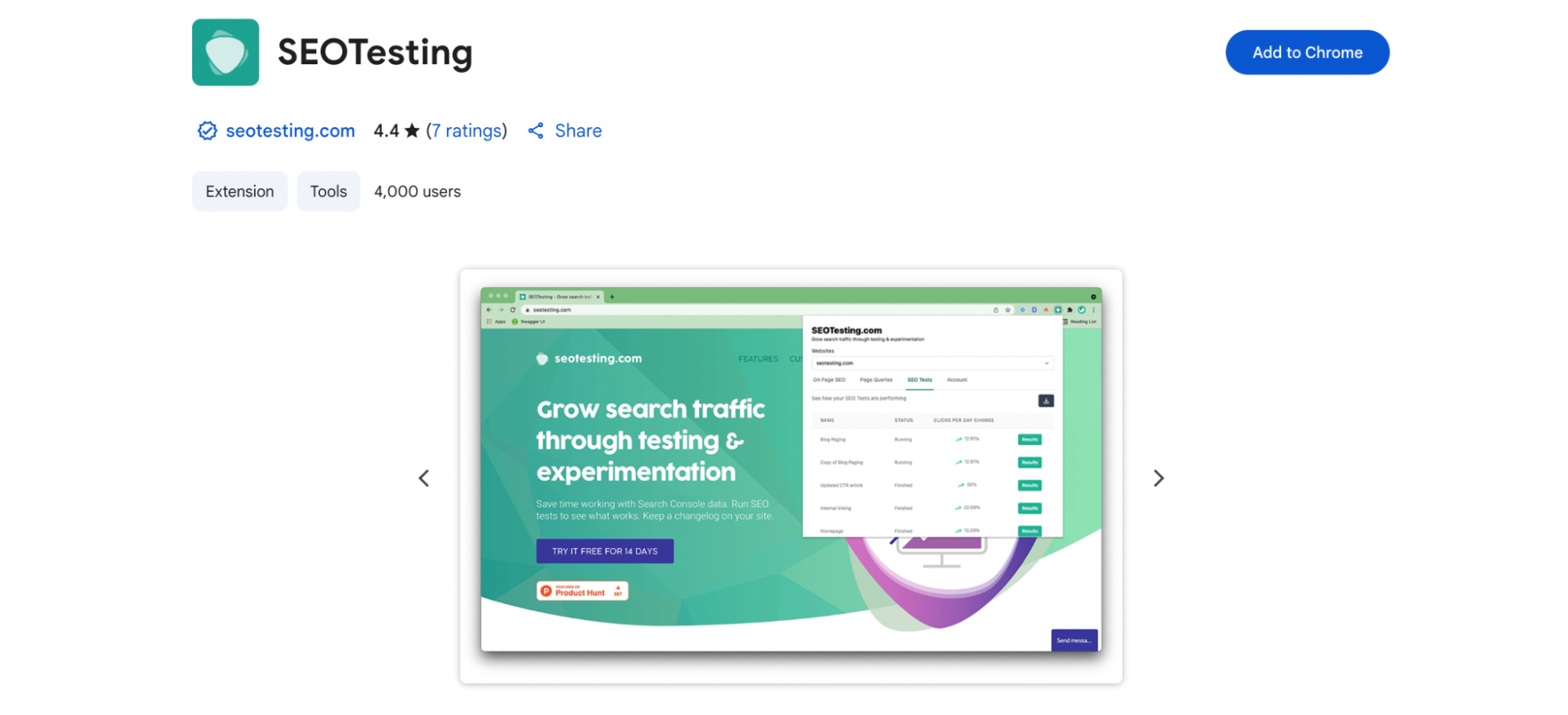 A browser screenshot shows the SEOTesting homepage with the tagline "Grow search traffic through testing & experimentation" in bold white text against a green geometric background. A highlighted pop-up interface displays active SEO test results including metrics like click change percentages and statuses for blog pages, homepage, and internal linking tests. A prominent purple button invites users to start a 14-day free trial.