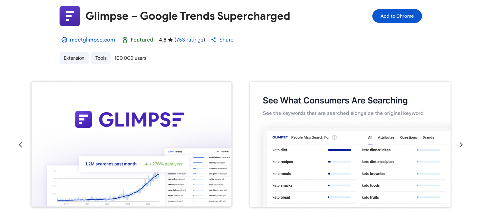 A clean product showcase for Glimpse displays keyword trend graphs and consumer behavior insights. The left panel features the Glimpse logo and a chart showing 1.2 million searches in the past month with a 276% increase over the past year. The right panel reveals related keyword searches like “keto diet,” “keto snacks,” and “keto brownies,” emphasizing Glimpse's ability to analyze what consumers are searching for alongside a main query.
