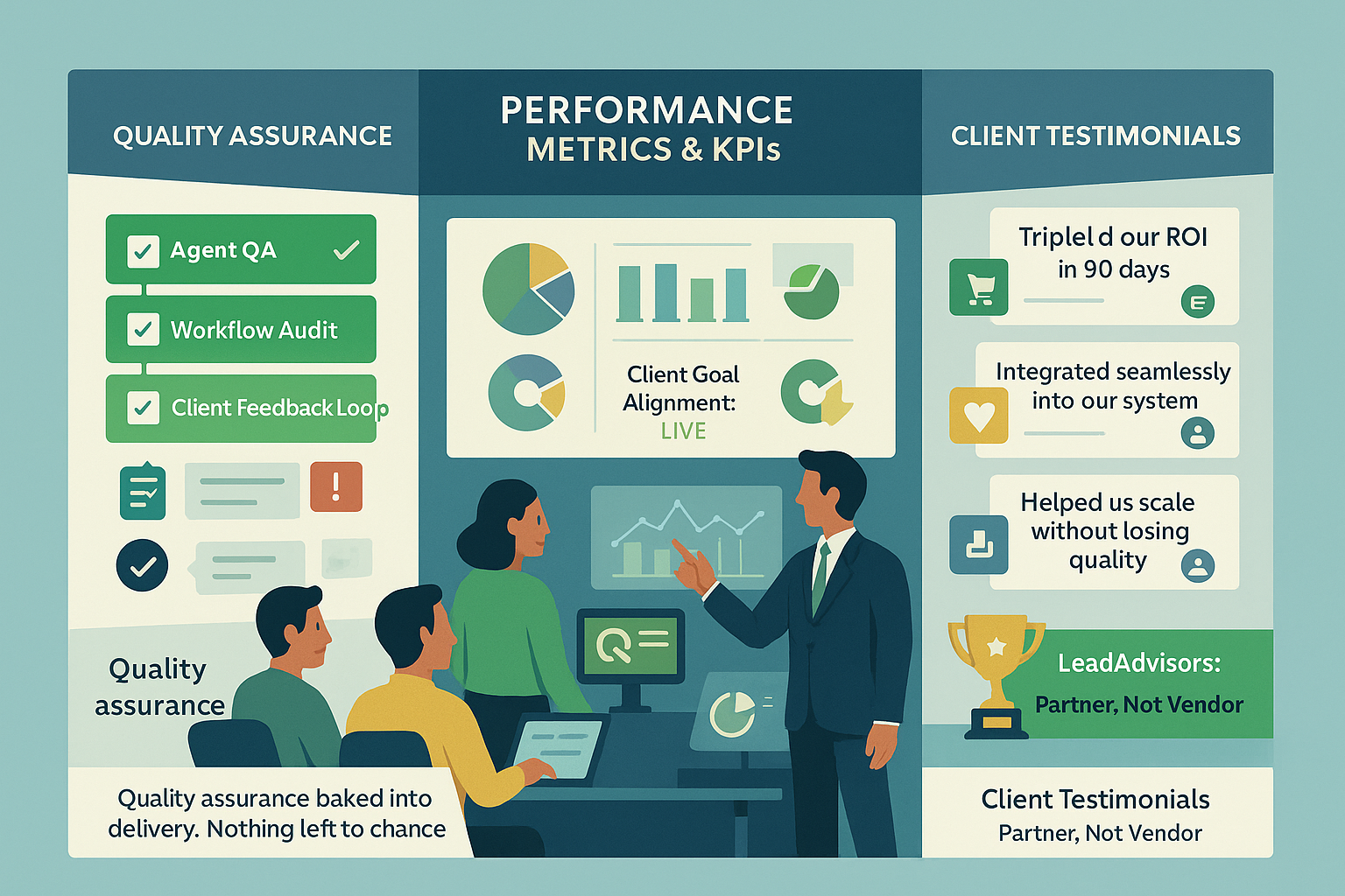 A business presentation showcases LeadAdvisors’ emphasis on quality assurance and performance metrics through agent QA, workflow audits, and client feedback loops. In the center, charts highlight live client goal alignment, while the right side features positive client testimonials praising ROI growth, seamless integration, and scalability. The graphic reinforces the message that LeadAdvisors is a partner, not just a vendor.