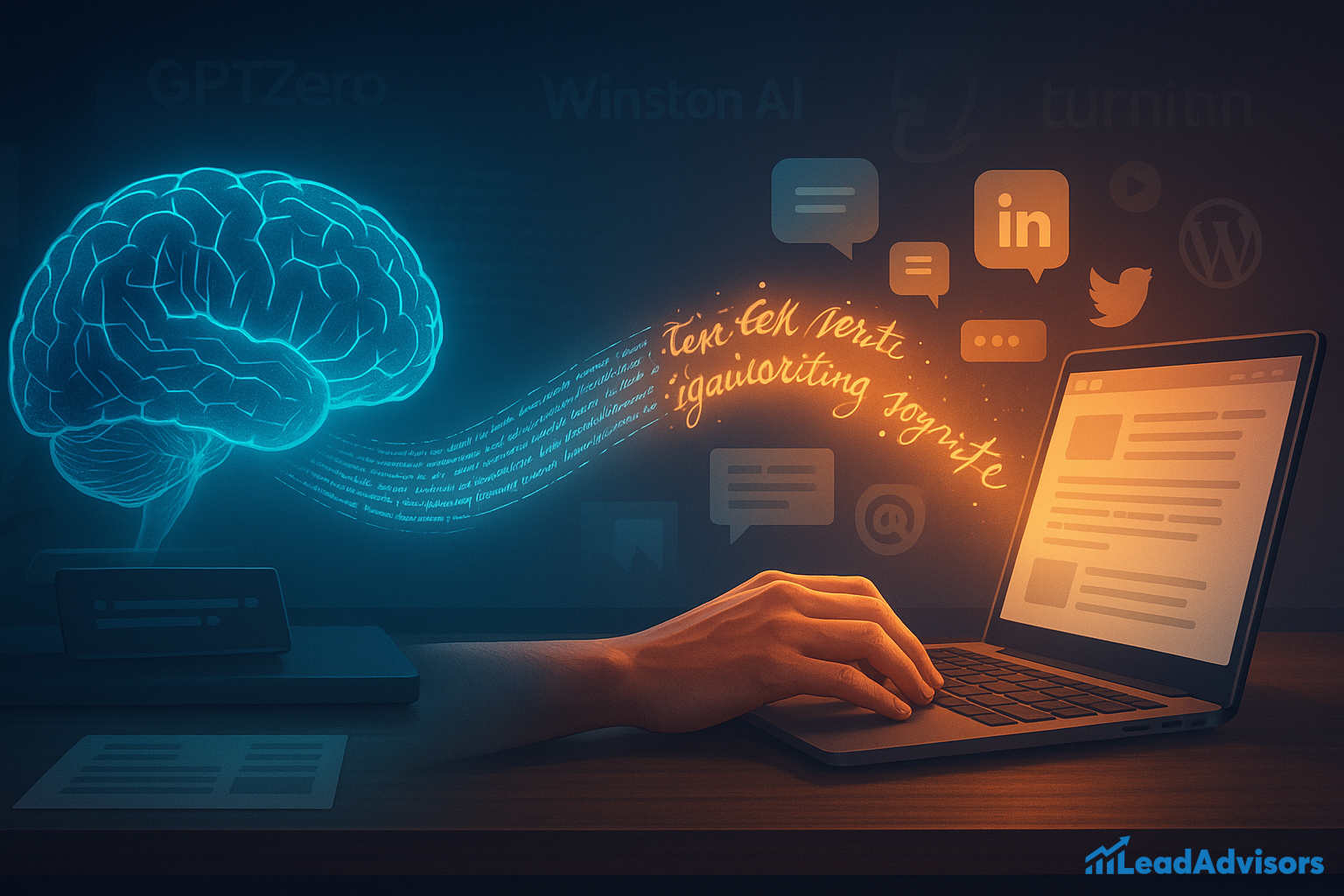 A digital illustration shows a human hand typing on a laptop as a glowing blue brain transmits flowing text to the screen. Social media icons like Twitter, LinkedIn, and WordPress float around the laptop, symbolizing content generation. AI detection tools such as GPTZero, Winston AI, and Turnitin are subtly visible in the background, suggesting a focus on AI-generated content and its traceability.