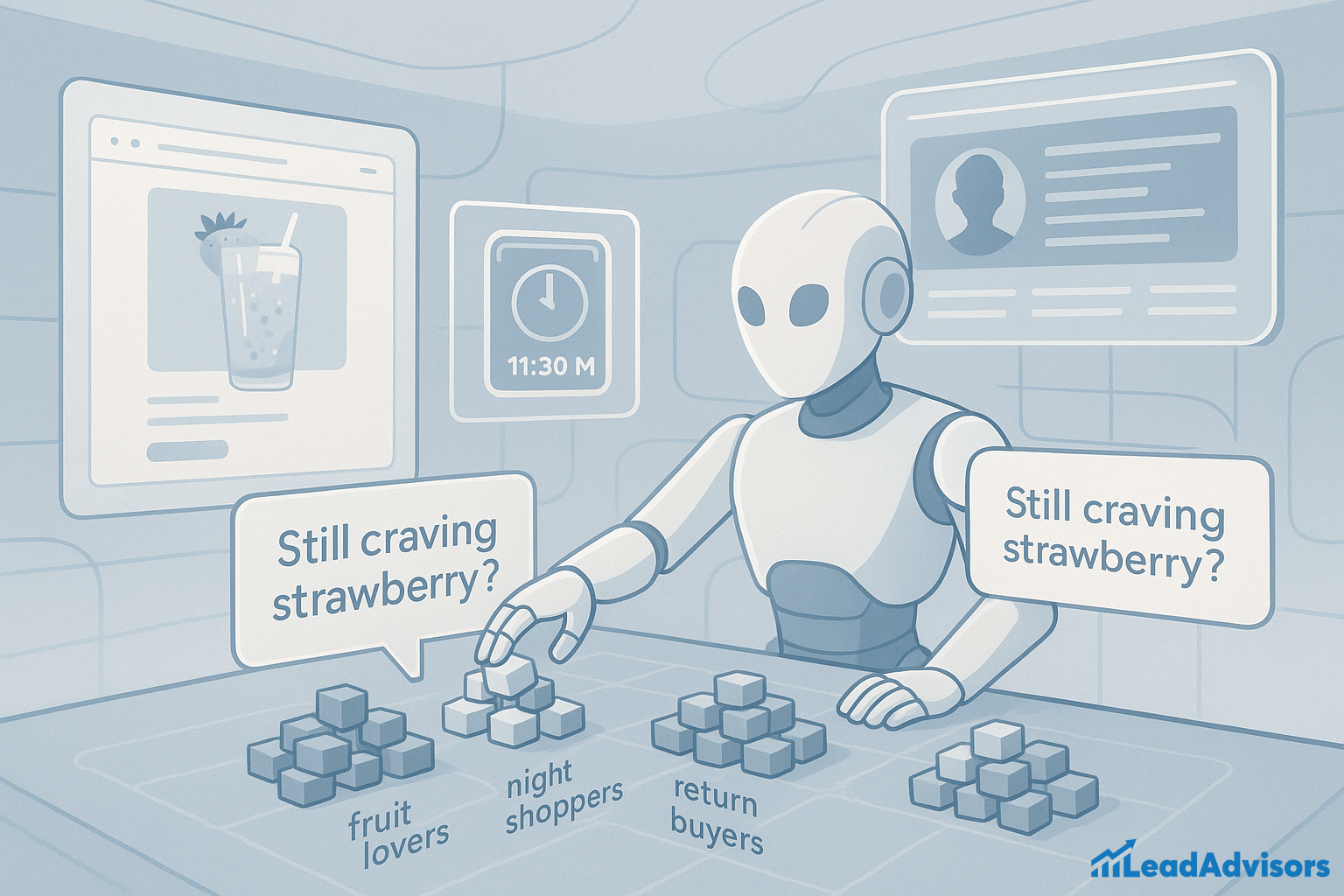 A humanoid robot categorizes data into groups labeled "fruit lovers," "night shoppers," and "return buyers" while analyzing user behavior. Speech bubbles say, "Still craving strawberry?" suggesting personalized AI-driven marketing. Digital interfaces in the background display a strawberry drink, a user profile, and a timestamp of 11:30 PM, reinforcing the precision of targeted advertising.
