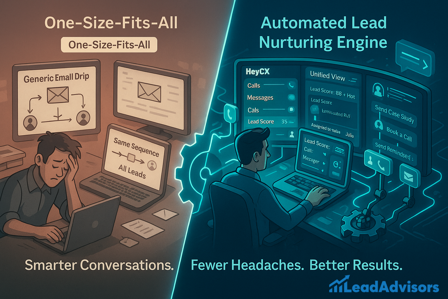 Split-screen illustration comparing traditional email marketing with advanced automation. On the left, a frustrated man sits at a desk with screens showing “Generic Email Drip” and “Same Sequence All Leads.” On the right, a confident user operates a high-tech “Automated Lead Nurturing Engine” with features like lead scoring, unified views, and personalized communication tools. The LeadAdvisors logo appears in the bottom right corner.