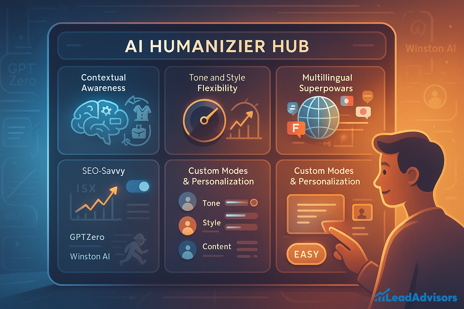 An infographic titled "AI Humanizer Hub" displays various features like contextual awareness, tone and style flexibility, multilingual capabilities, and SEO-savviness. A user interacts with modules highlighting custom modes and personalization for tone, style, and content. The layout combines icons of AI tools such as GPTZero and Winston AI, alongside graphs, sliders, and global language symbols.