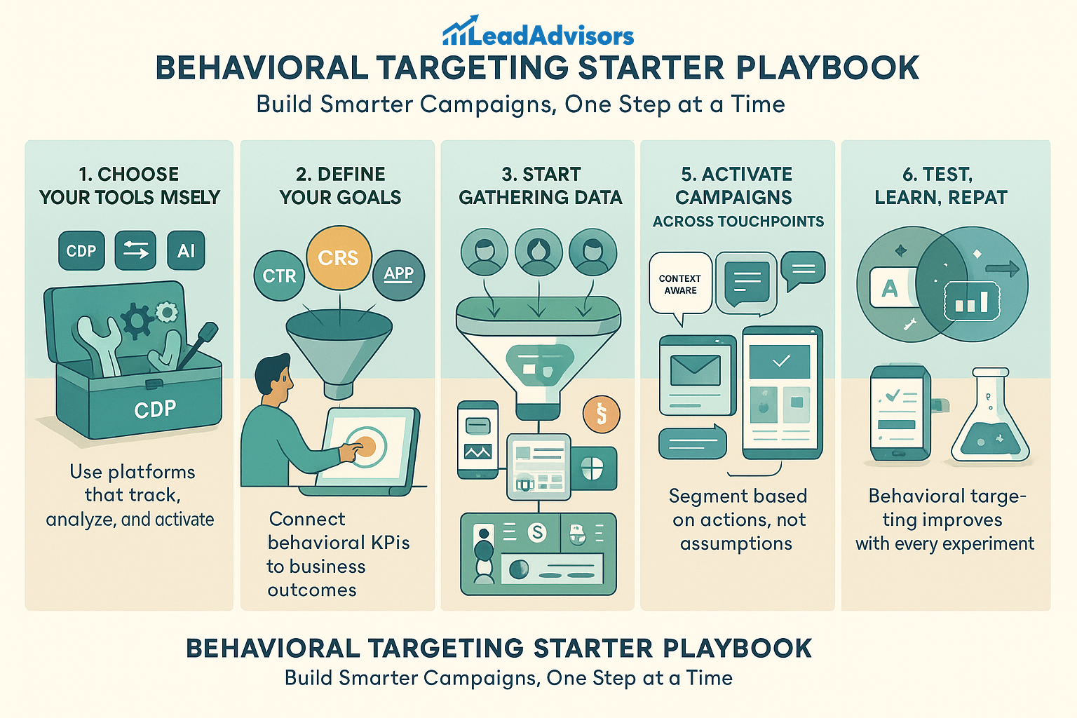 An illustrated guide titled “Behavioral Targeting Starter Playbook” outlines six key steps to building smarter marketing campaigns: choosing tools wisely, defining goals, gathering data, activating campaigns, and continuous testing. Each panel includes visuals such as CDP platforms, funnels, mobile targeting, and A/B testing icons. The guide emphasizes actionable segmentation and ongoing learning for campaign success.