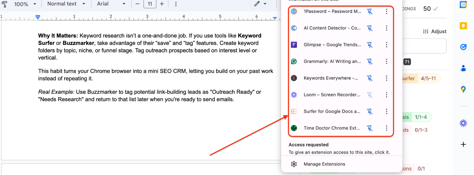 The screenshot shows a Chrome browser extensions dropdown menu with a list of installed tools, most of which are muted or not pinned. Highlighted extensions include Glimpse, Keywords Everywhere, Surfer for Google Docs, and Buzzmarker—commonly used in SEO workflows. The contextual document mentions using Buzzmarker to tag link-building leads for outreach and research tracking.