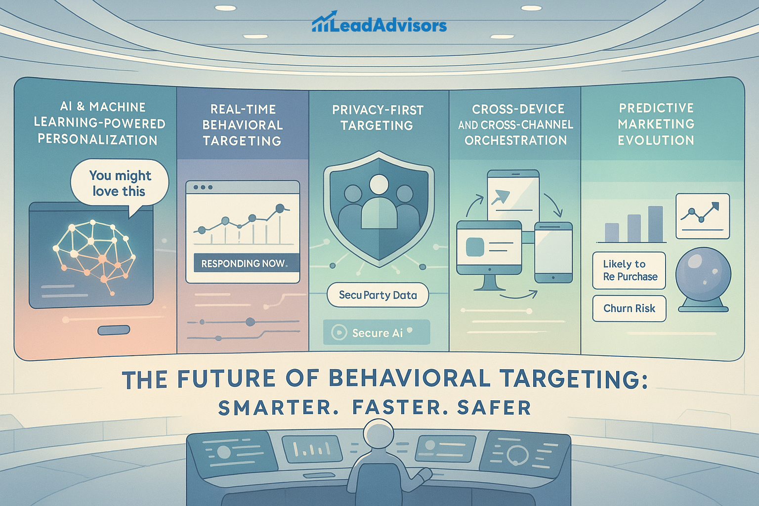 A futuristic control room visual illustrates the evolution of behavioral targeting across five pillars: AI personalization, real-time responses, privacy-first targeting, cross-device orchestration, and predictive marketing. Each panel shows related visuals like data graphs, secure data icons, and churn risk predictions. At the bottom, a figure monitors dashboards with the bold message: “The Future of Behavioral Targeting: Smarter. Faster. Safer.”