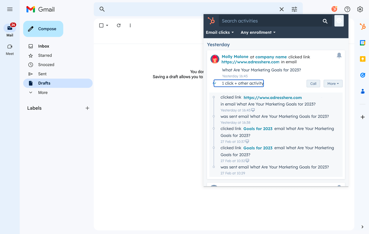 Screenshot of a Gmail draft window with a HubSpot activity tracker panel open on the right. The panel shows engagement details for a user named Molly Malone, including multiple email clicks and email sends related to the campaign "What Are Your Marketing Goals for 2023?" This interface helps monitor user interaction with email campaigns for better follow-up and lead nurturing.
