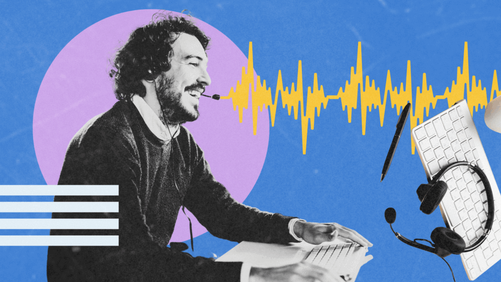 A stylized digital collage features a cheerful customer service agent wearing a headset and typing on a keyboard. A vibrant yellow waveform runs across the image, symbolizing voice or call activity, while floating elements like a pen, keyboard, and headset add a dynamic, tech-driven feel. The background includes bold colors like blue and purple for a modern, energetic tone.
