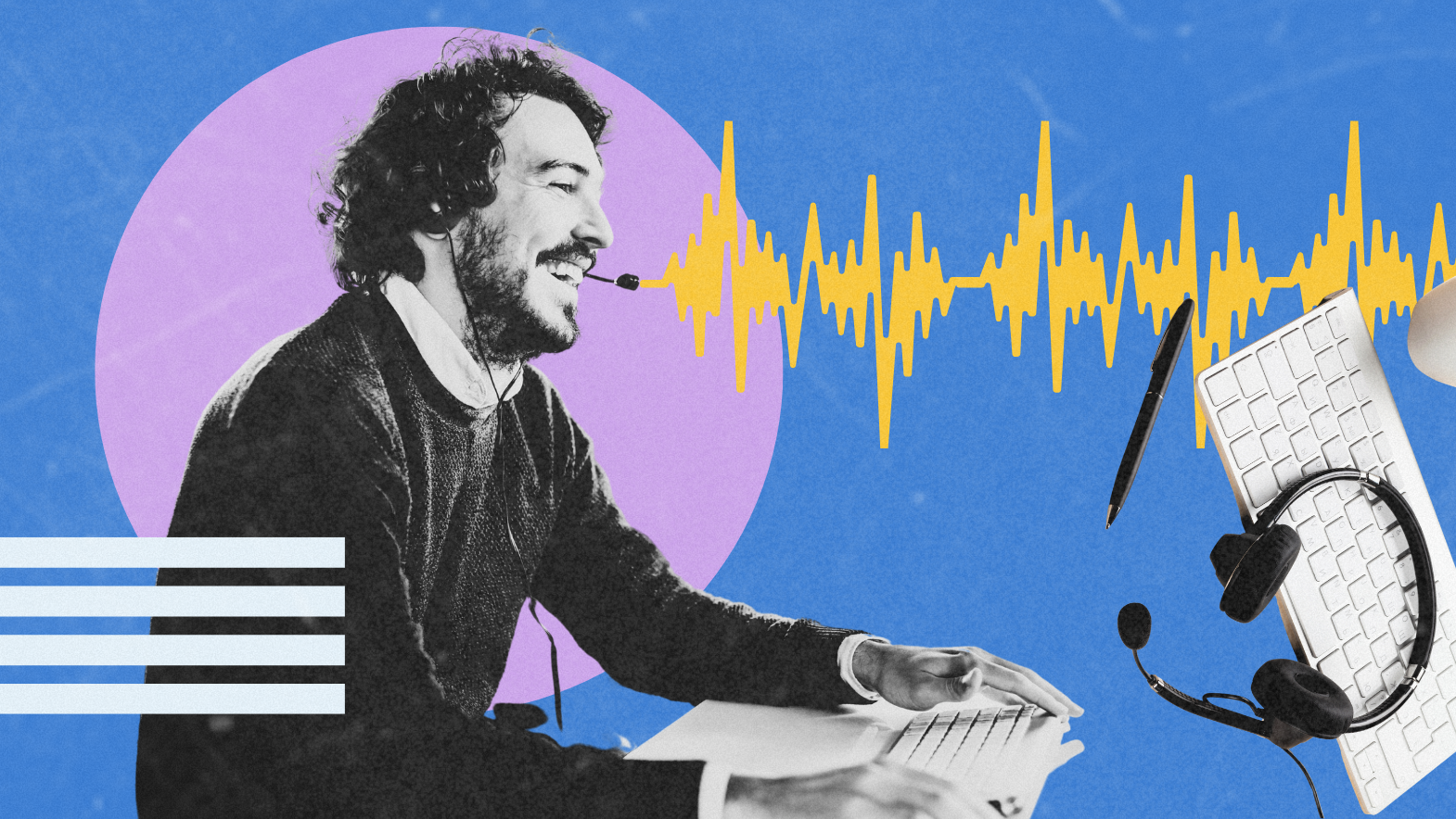 A stylized digital collage features a cheerful customer service agent wearing a headset and typing on a keyboard. A vibrant yellow waveform runs across the image, symbolizing voice or call activity, while floating elements like a pen, keyboard, and headset add a dynamic, tech-driven feel. The background includes bold colors like blue and purple for a modern, energetic tone.