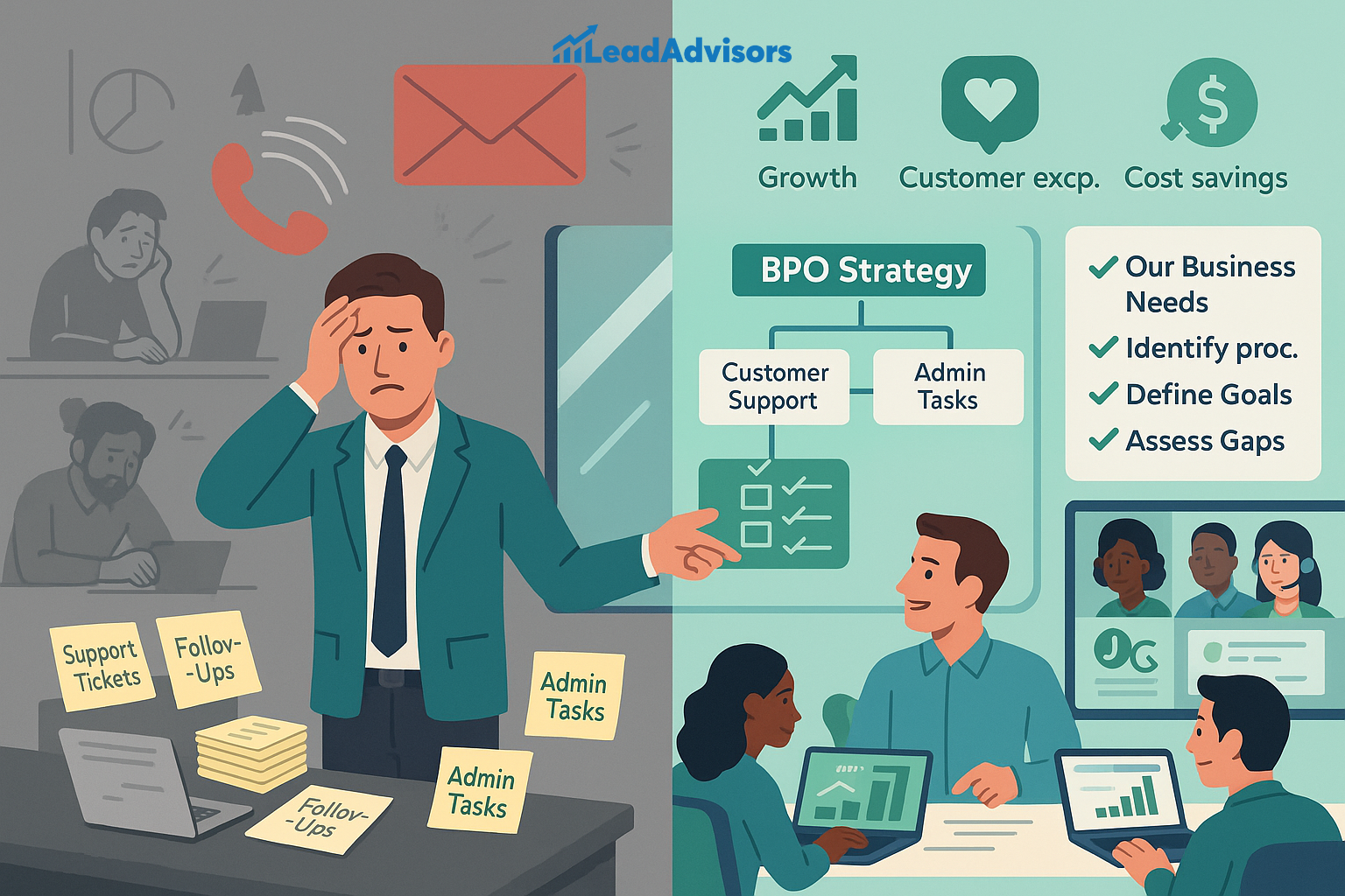 The left side of the image shows a stressed-out businessman overwhelmed by sticky notes labeled “Support Tickets,” “Follow-Ups,” and “Admin Tasks,” symbolizing disorganized internal workloads. The right side contrasts this with a calm, collaborative team implementing a structured BPO (Business Process Outsourcing) strategy, with clear steps like defining goals and assessing gaps. Visuals highlight the benefits of BPO: growth, better customer experience, and cost savings.