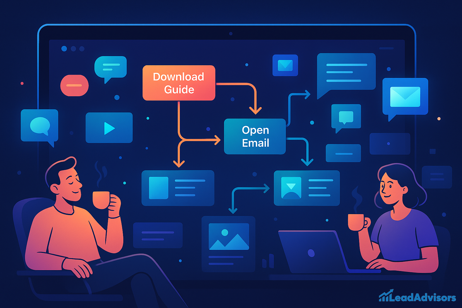 A vibrant digital illustration shows a man and a woman sipping coffee while working on a lead generation funnel. In the background, a large screen displays a visual flowchart with steps like "Download Guide" leading to "Open Email" and various email and content icons. The overall color scheme includes blues, oranges, and purples, creating a modern marketing workspace vibe. The LeadAdvisors logo is visible in the bottom right corner.