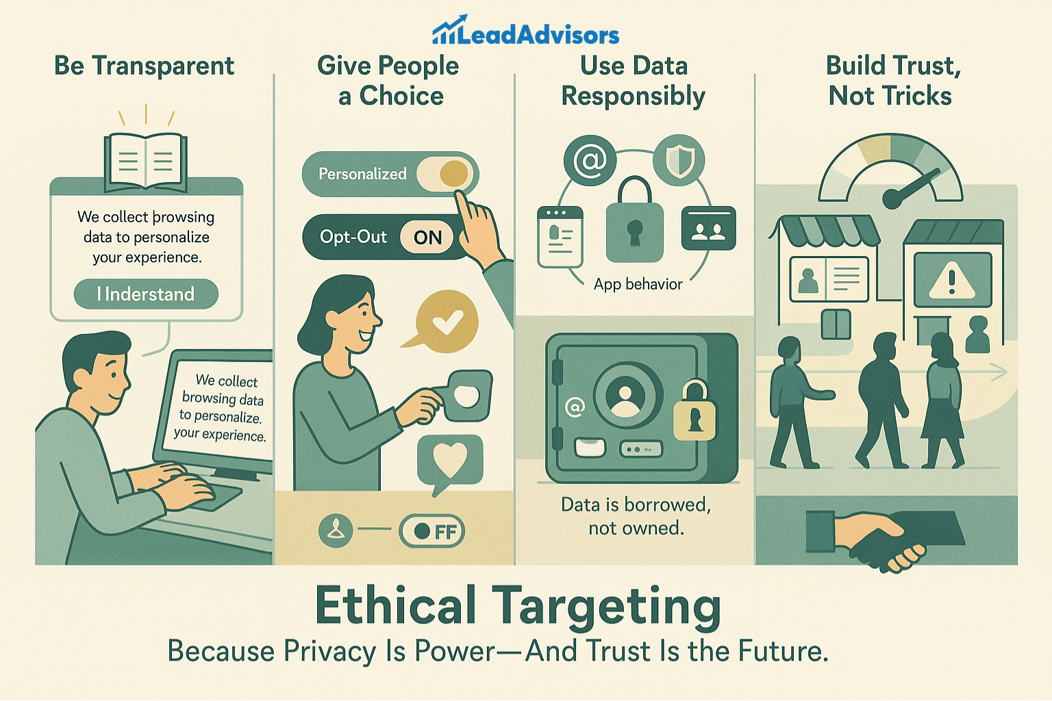 An infographic by LeadAdvisors promotes ethical targeting through four principles: transparency, giving users choices, responsible data use, and trust-building. Visuals include toggle switches for personalization, secure data vaults, and honest interactions between brands and consumers. The message emphasizes that privacy is a shared responsibility and trust is the future of marketing.