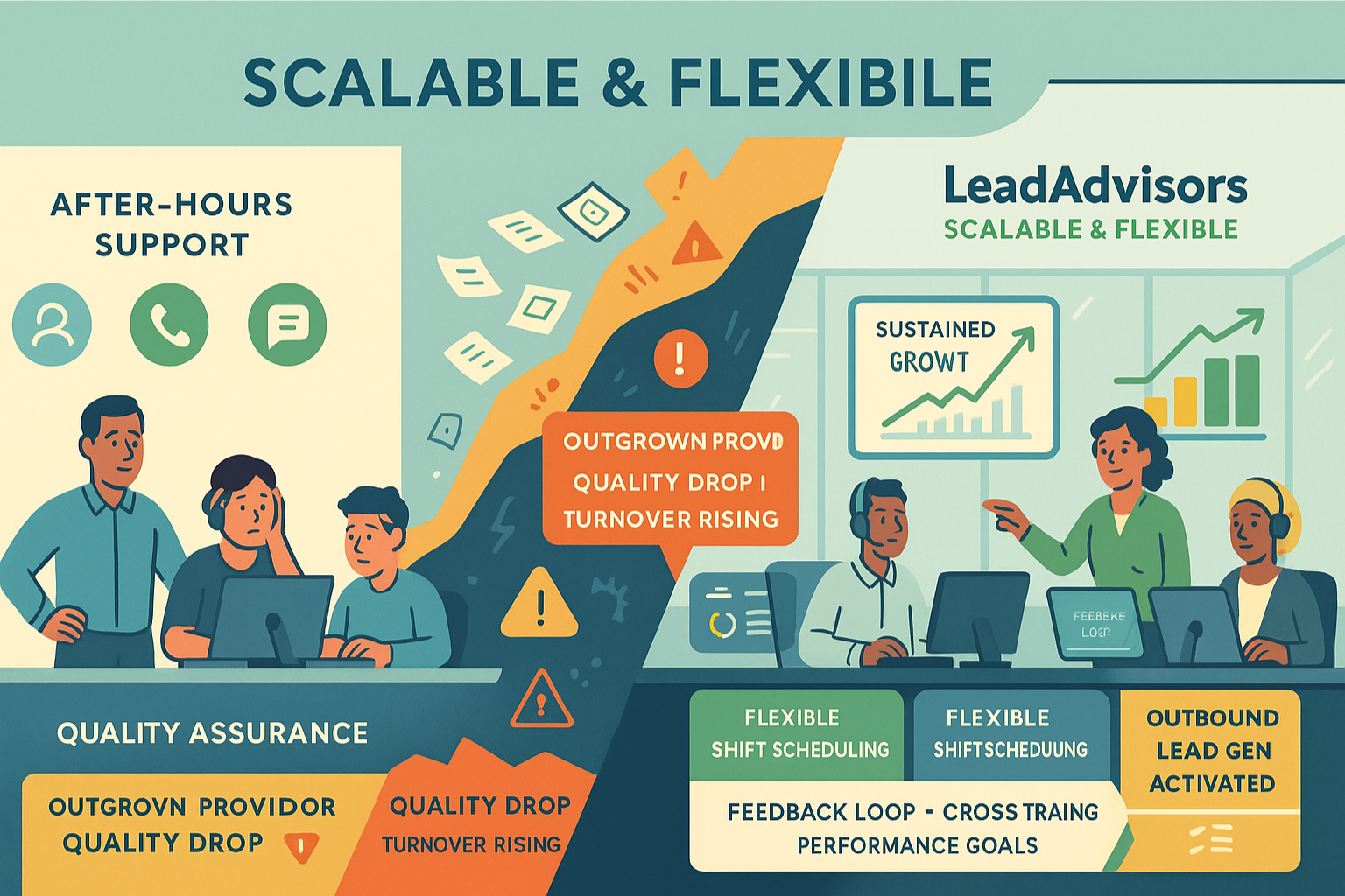 The image contrasts a struggling customer support team facing quality drops and high turnover with a high-performing team enabled by LeadAdvisors’ scalable and flexible systems. The left side highlights issues like outgrown providers and after-hours stress, while the right side showcases solutions such as flexible shift scheduling, performance tracking, and outbound lead generation. Visuals emphasize sustained growth, team empowerment, and continuous feedback loops.