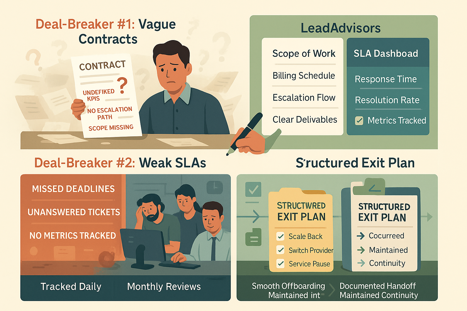 The image highlights two major deal-breakers in outsourcing partnerships: vague contracts and weak SLAs. On the left, frustrated individuals face challenges like undefined KPIs, no escalation paths, and missed deadlines. On the right, LeadAdvisors’ structured solution offers defined scopes, tracked metrics, clear escalation flows, and a well-documented exit plan to ensure smooth transitions and business continuity.