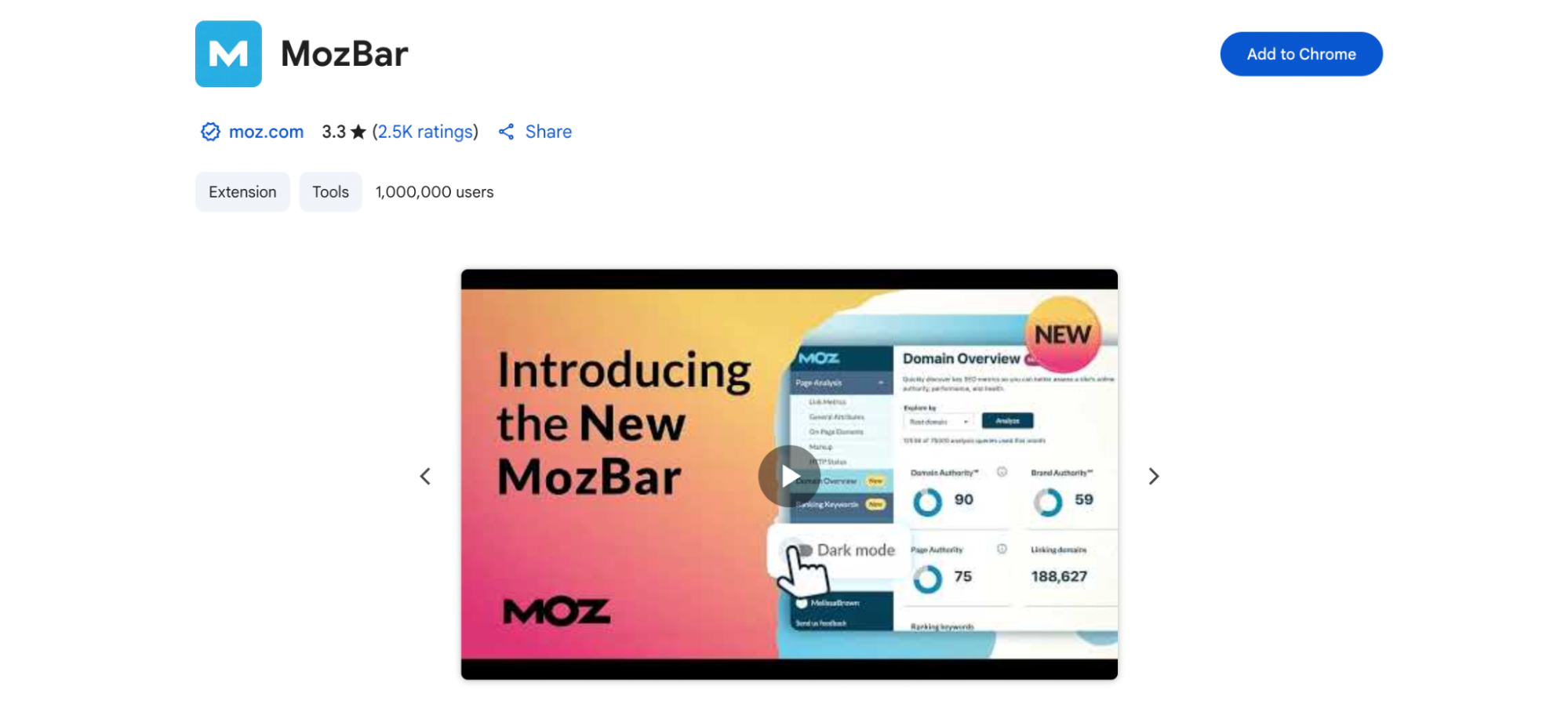 A promotional video thumbnail for the new MozBar shows a colorful interface with the headline “Introducing the New MozBar.” The video preview highlights features like Domain Authority, Page Authority, and a new Dark Mode toggle, alongside performance metrics and ranking keywords. The layout uses a gradient background and MOZ branding for visual appeal.