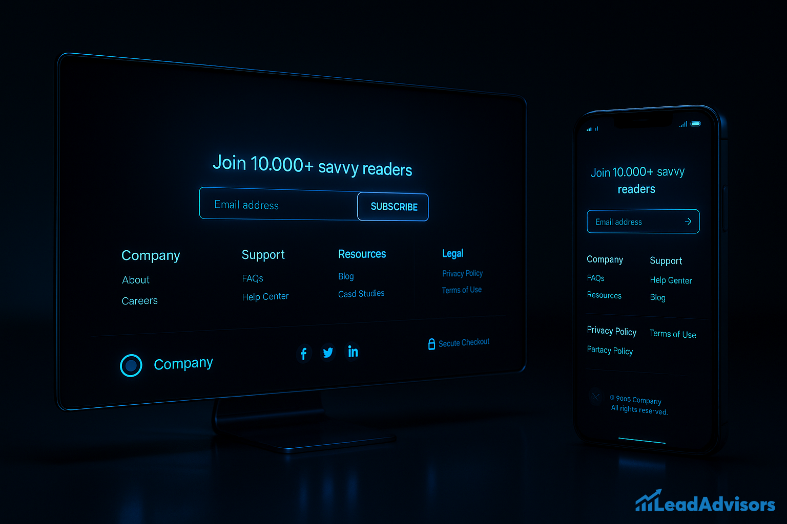 This image showcases a dark-themed website footer displayed on both a desktop monitor and a mobile phone. The footer encourages users to join a newsletter with the message “Join 10,000+ savvy readers” and includes fields for email subscription. It also features links organized under Company, Support, Resources, and Legal, along with social media icons and a secure checkout symbol.