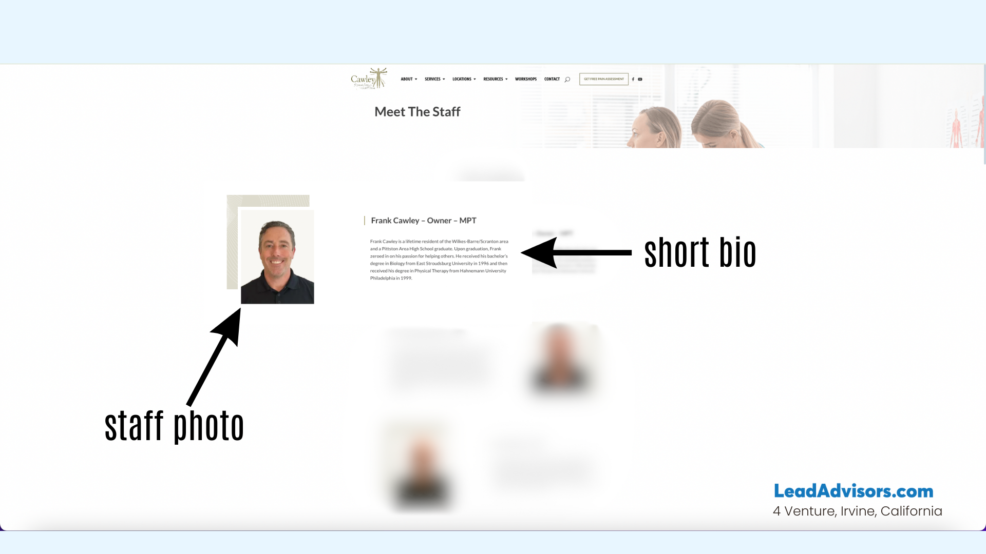 The "Meet the Staff" page of Cawley Physical Therapy features a profile section for Frank Cawley, including his headshot on the left and a short biography on the right. The bio outlines his background, education, and passion for helping others. Other staff profiles are partially visible but blurred, highlighting Frank’s section as the focus.
