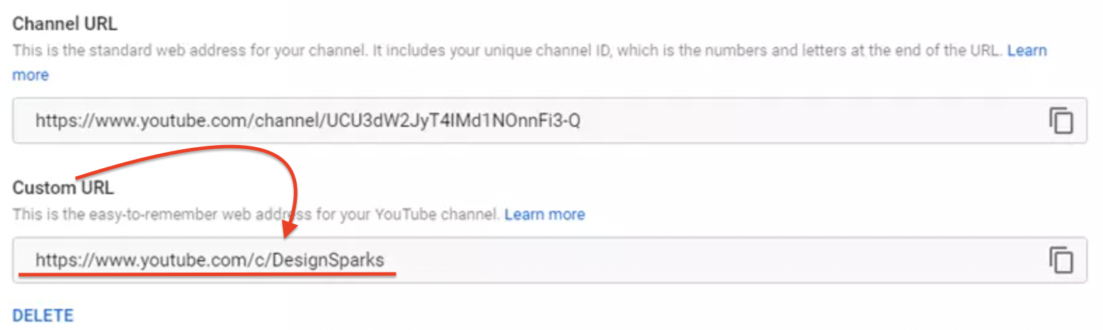 This image compares two types of YouTube channel URLs: a standard channel URL and a custom URL. The standard URL contains a long string of characters, while the custom URL, highlighted with a red arrow, is cleaner and easier to remember: https://www.youtube.com/c/DesignSparks. This illustrates how custom URLs improve brand identity and accessibility.