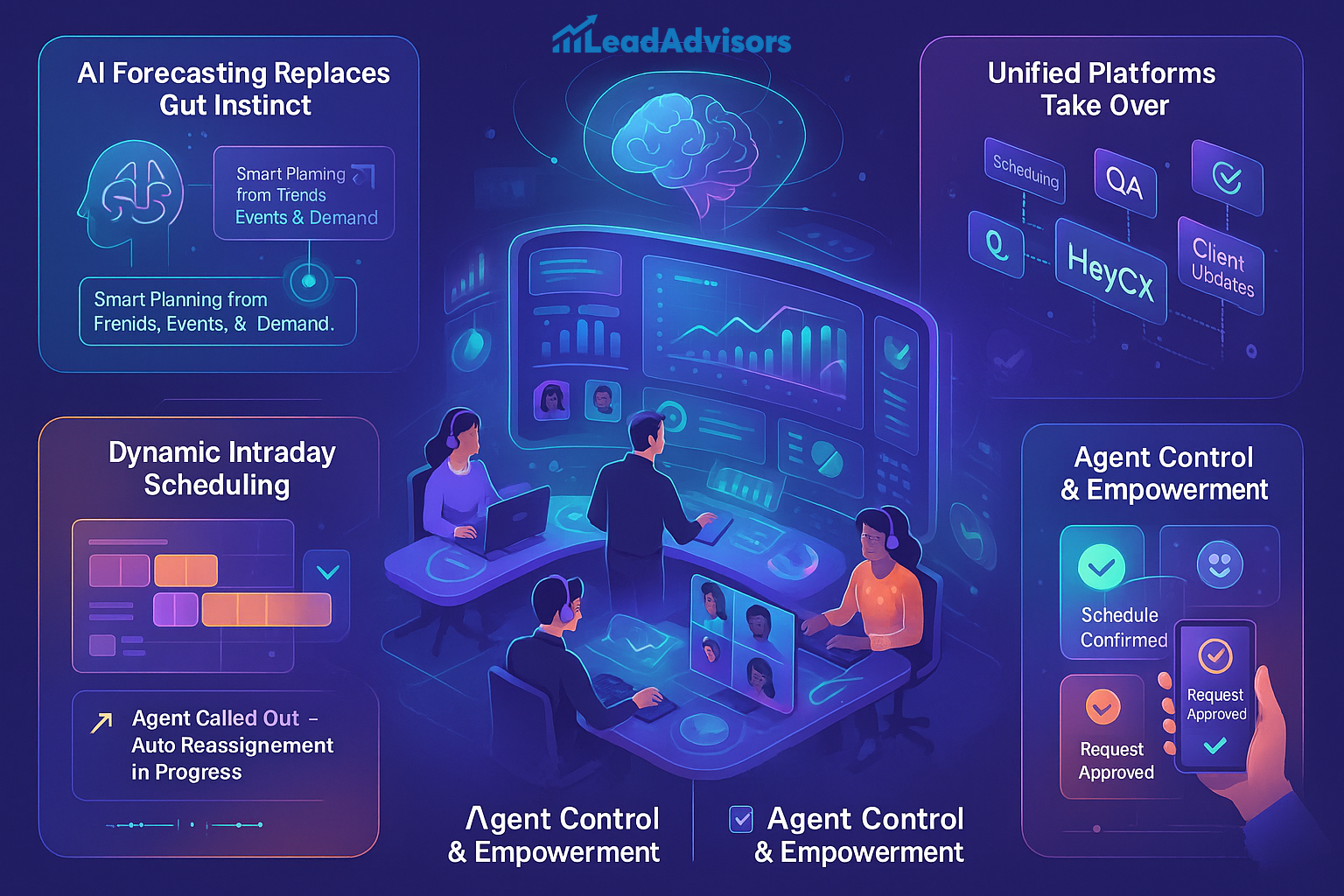 A futuristic infographic illustrates trends in AI-powered workforce management, with neon visuals depicting concepts like “AI Forecasting Replaces Gut Instinct,” “Dynamic Intraday Scheduling,” and “Unified Platforms Take Over.” At the center, call center agents monitor data dashboards in a tech-enhanced environment, symbolizing control and empowerment. Other highlighted features include smart scheduling, agent-approved requests, and client update integration through platforms like HeyCX.