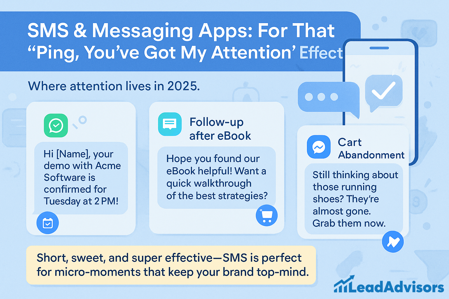 An infographic from LeadAdvisors titled “SMS & Messaging Apps: For That ‘Ping, You’ve Got My Attention’ Effect.” It presents three types of business SMS messages: demo confirmations, follow-ups after an eBook download, and cart abandonment alerts. The messages are displayed as chat bubbles, emphasizing their short and timely format. A note at the bottom highlights the effectiveness of SMS for micro-moments that keep brands top-of-mind.