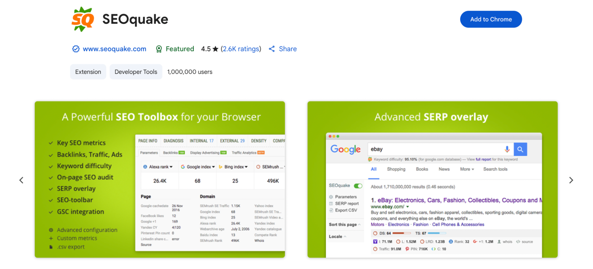 A product display for SEOquake, a browser extension offering SEO tools, highlights features like keyword difficulty analysis, on-page SEO audits, and SERP overlays. The left side shows metrics such as Alexa rank and Google index values, while the right shows an example Google search result for "eBay" with SEOquake's overlay of keyword data and performance indicators. The interface is designed with a green background and includes a “Add to Chrome” button.