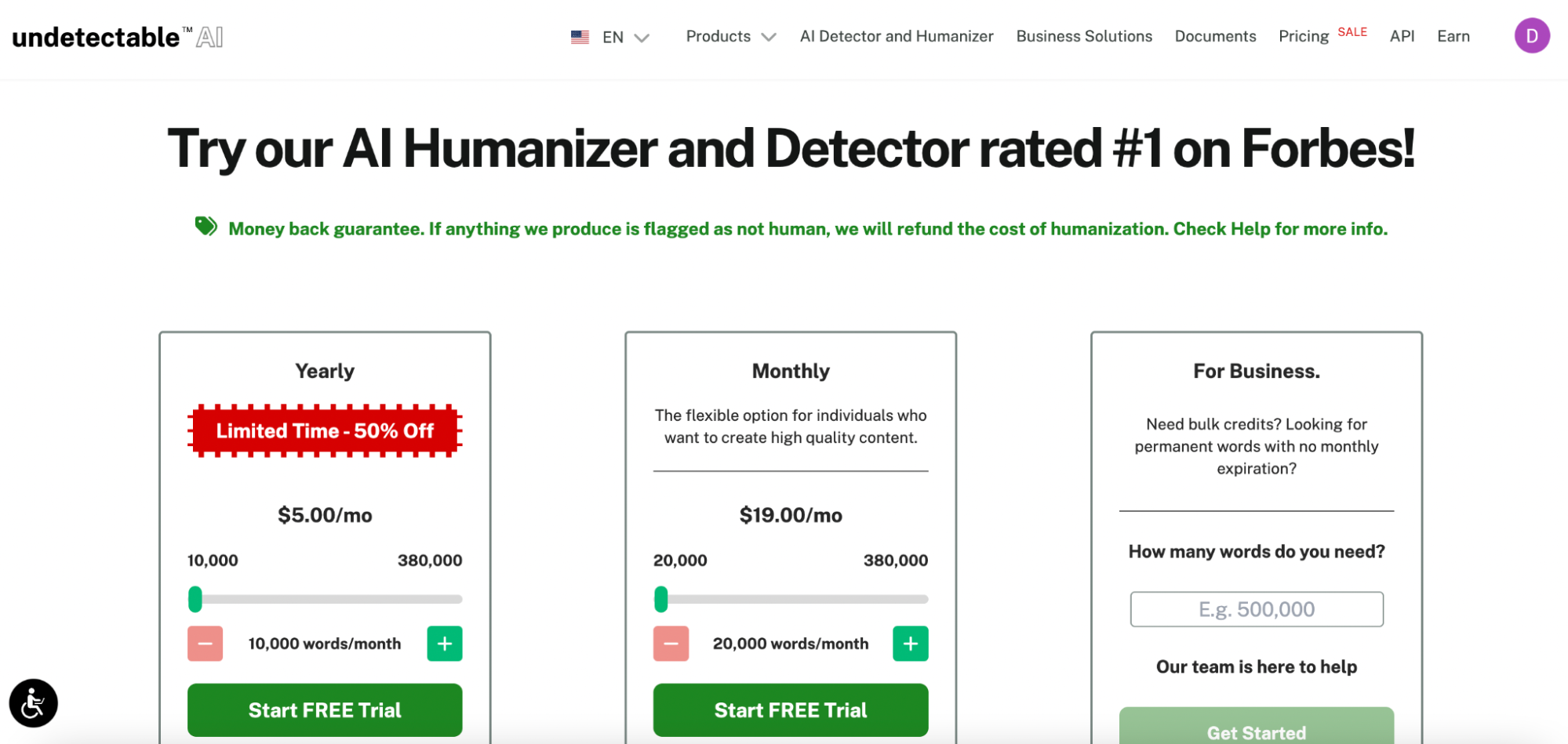 A pricing page from Undetectable AI promotes its AI humanizer and detector, claiming a top rating on Forbes. Three subscription plans are shown: a discounted yearly plan at $5.00/month with a “Limited Time - 50% Off” badge, a monthly plan at $19.00/month, and a customizable business plan for bulk word needs. A green banner at the top offers a money-back guarantee if the content produced is flagged as AI-generated.