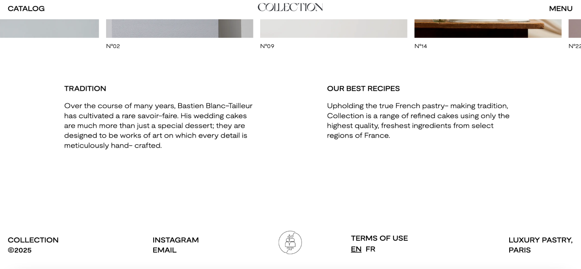 This image shows a minimalist website footer from Bastien Blanc-Tailleur’s luxury pastry brand, Collection. It features a refined design with descriptive text on the brand’s commitment to French pastry tradition and handcrafted wedding cakes. Footer links include Instagram, email, terms of use in English and French, and a note highlighting the Paris-based luxury pastry label.