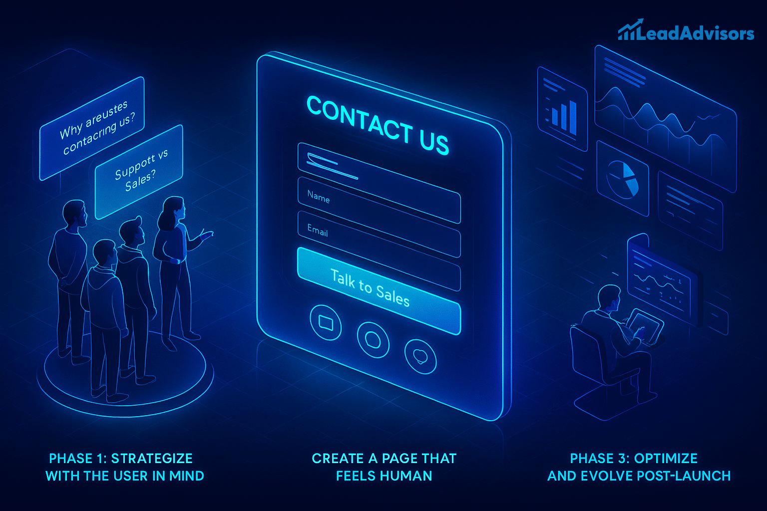 A futuristic, neon-style illustration outlines the ideal flow for designing a "Contact Us" page, with three key phases. On the left, a group of users is shown brainstorming reasons for contact like “Support vs Sales”; the center highlights a human-centric contact form; and the right displays a person analyzing charts and data for post-launch optimization. The three labeled stages are: strategize with the user in mind, create a page that feels human, and optimize and evolve post-launch.