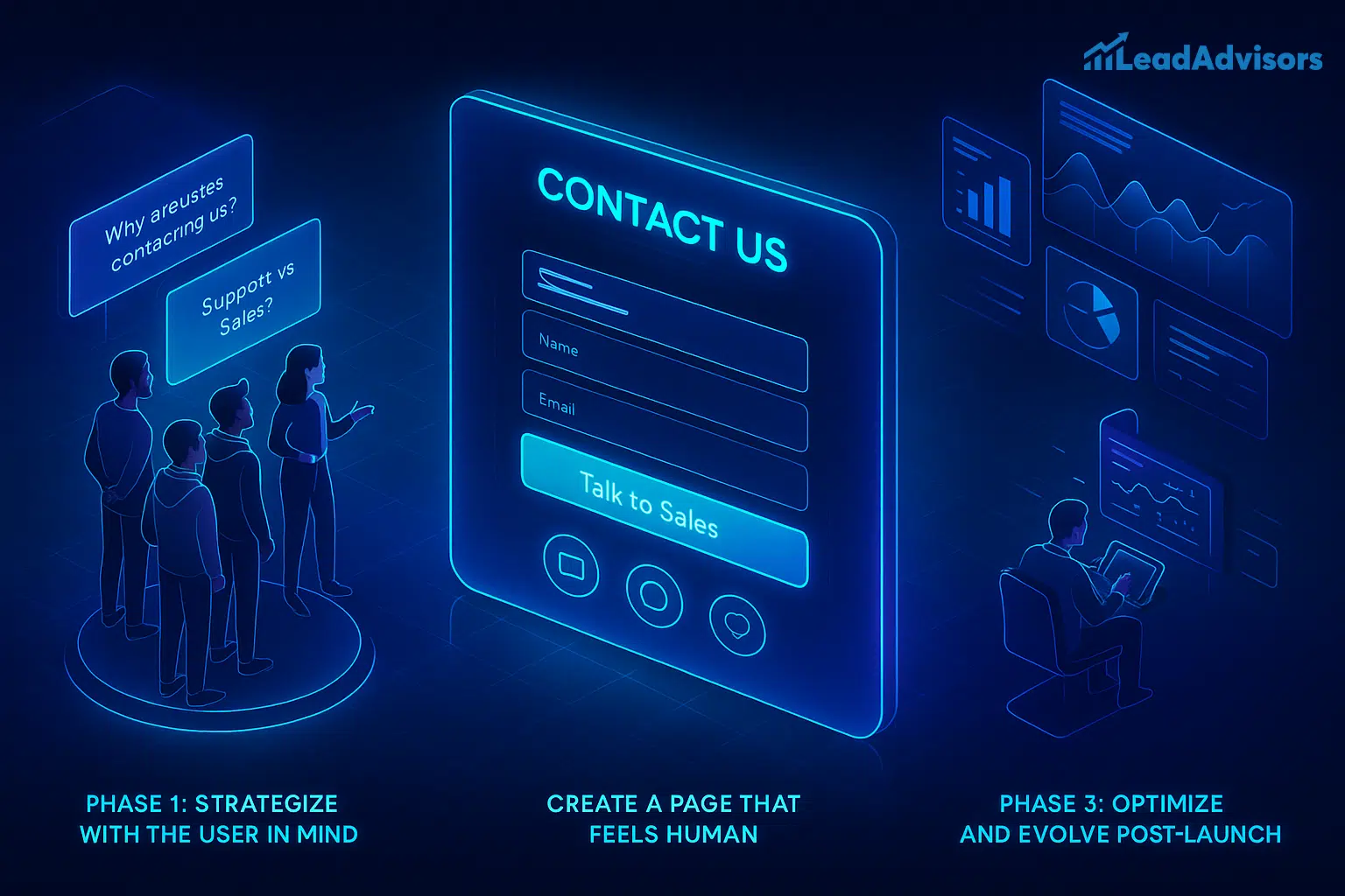 A futuristic, neon-style illustration outlines the ideal flow for designing a "Contact Us" page, with three key phases. On the left, a group of users is shown brainstorming reasons for contact like “Support vs Sales”; the center highlights a human-centric contact form; and the right displays a person analyzing charts and data for post-launch optimization. The three labeled stages are: strategize with the user in mind, create a page that feels human, and optimize and evolve post-launch.