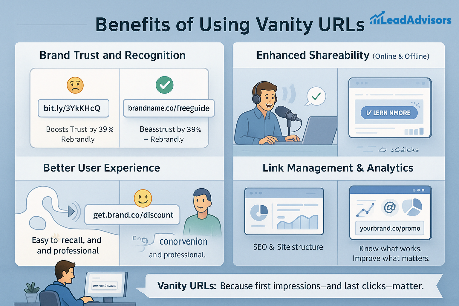 This infographic outlines the benefits of using vanity URLs, segmented into four key areas: Brand Trust and Recognition, Enhanced Shareability, Better User Experience, and Link Management & Analytics. It compares generic shortened links to branded ones, highlighting improved trust, easier sharing, memorable user experience, and actionable insights through analytics. The banner at the bottom reinforces the core message: "Vanity URLs: Because first impressions—and last clicks—matter."