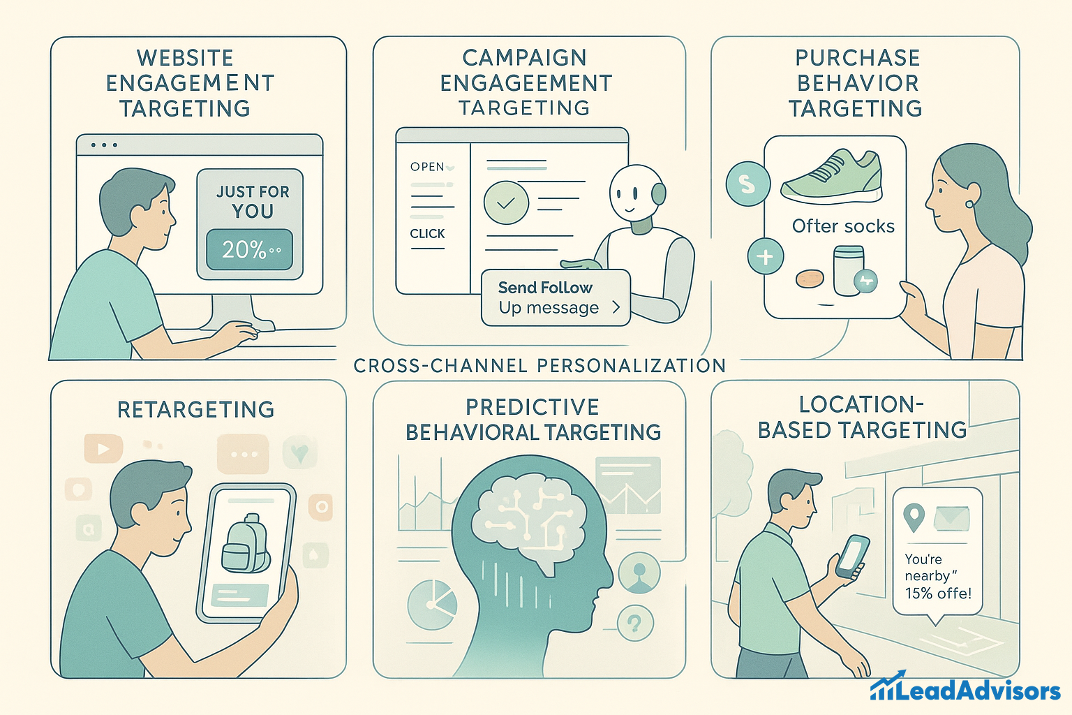 A multi-panel graphic illustrates various digital marketing strategies under the theme of cross-channel personalization. It features scenarios such as website engagement, campaign follow-ups by AI, purchase behavior suggestions, retargeting, predictive behavioral targeting, and location-based offers. Each panel shows diverse users interacting with personalized messages across devices, reinforcing the power of tailored ad targeting.