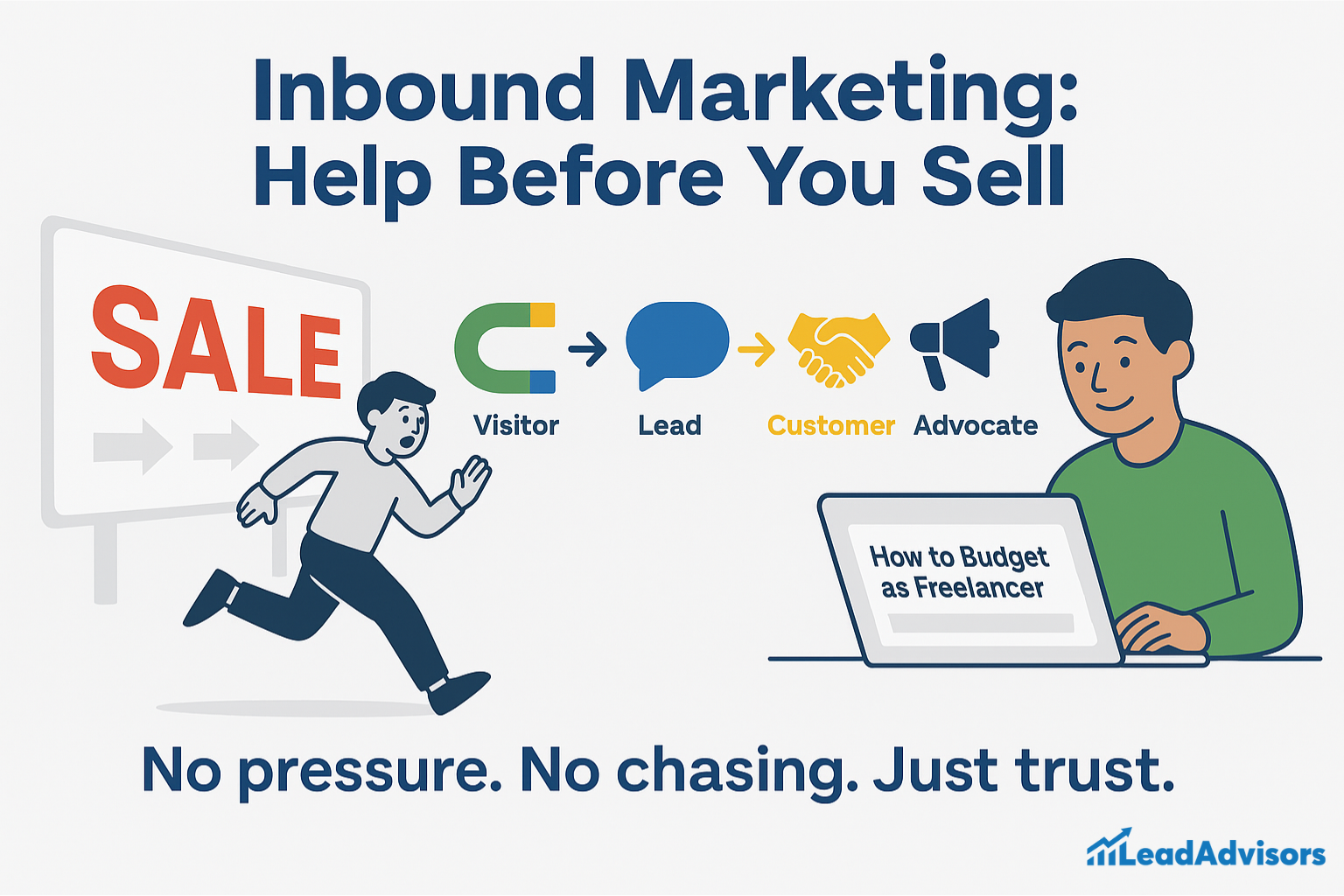 Illustration showing the inbound marketing journey from visitor to lead, customer, and advocate, emphasizing helpful content like "How to Budget as Freelancer" instead of pushy sales tactics, with the tagline: "No pressure. No chasing. Just trust."
