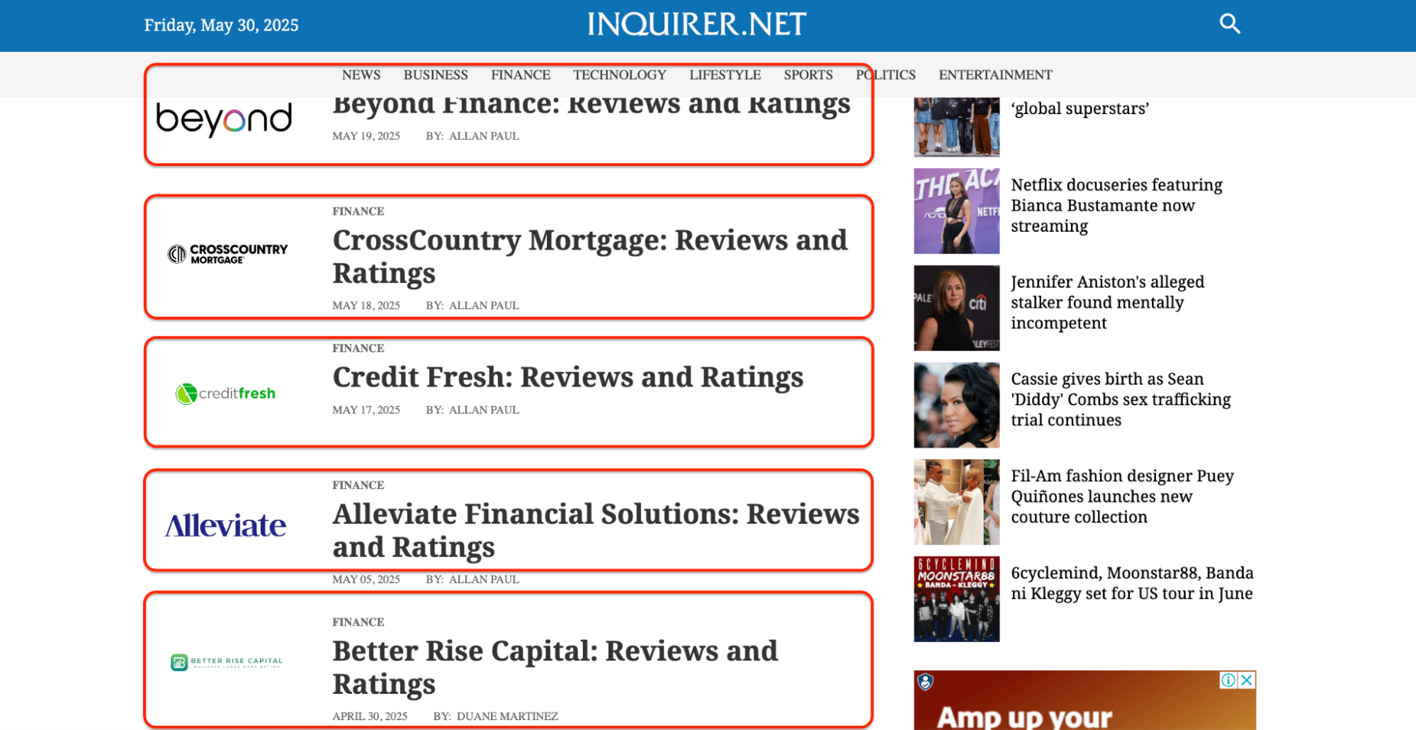 A screenshot of the Inquirer.net website featuring finance review articles. The main section highlights review articles for Beyond Finance, CrossCountry Mortgage, CreditFresh, Alleviate Financial Solutions, and Better Rise Capital. The right sidebar shows entertainment headlines and trending news stories.