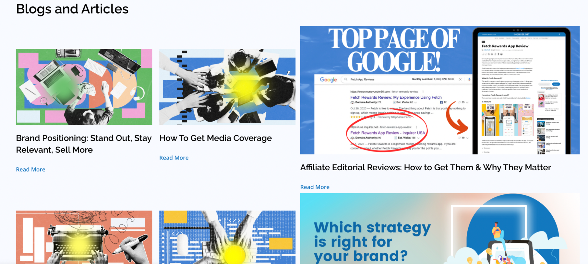 A webpage section from LeadAdvisors titled "Blogs and Articles," featuring colorful thumbnails and titles for blog posts on brand positioning, media coverage, affiliate editorial reviews, and brand strategy comparisons, each with a “Read More” link.