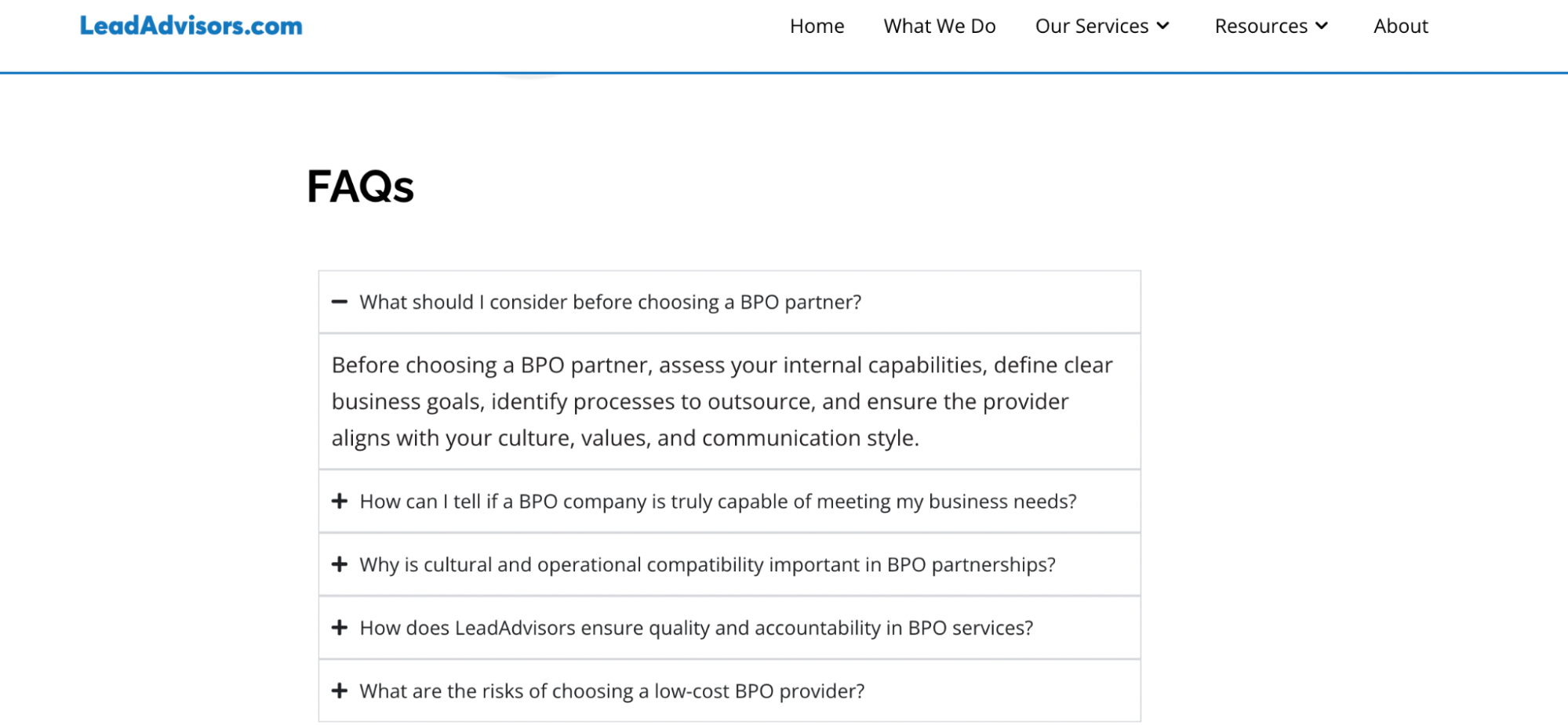 Screenshot of the LeadAdvisors.com FAQ section addressing key questions about choosing a BPO partner, including considerations on internal capabilities, cultural compatibility, and service quality.